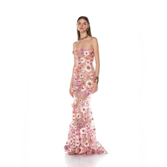 NWOT Bronx and Banco Jasmine Gown in Pastel Pink Multi Floral Strapless - Picture 4 of 16